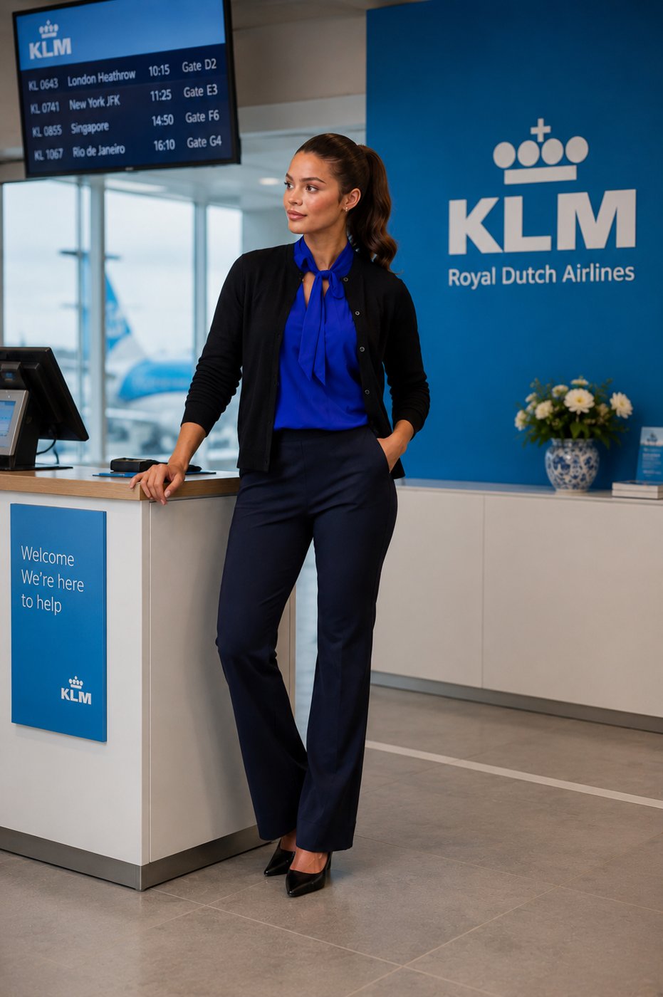 Medewerker in @Work outfit bij een KLM incheckbalie op de luchthaven