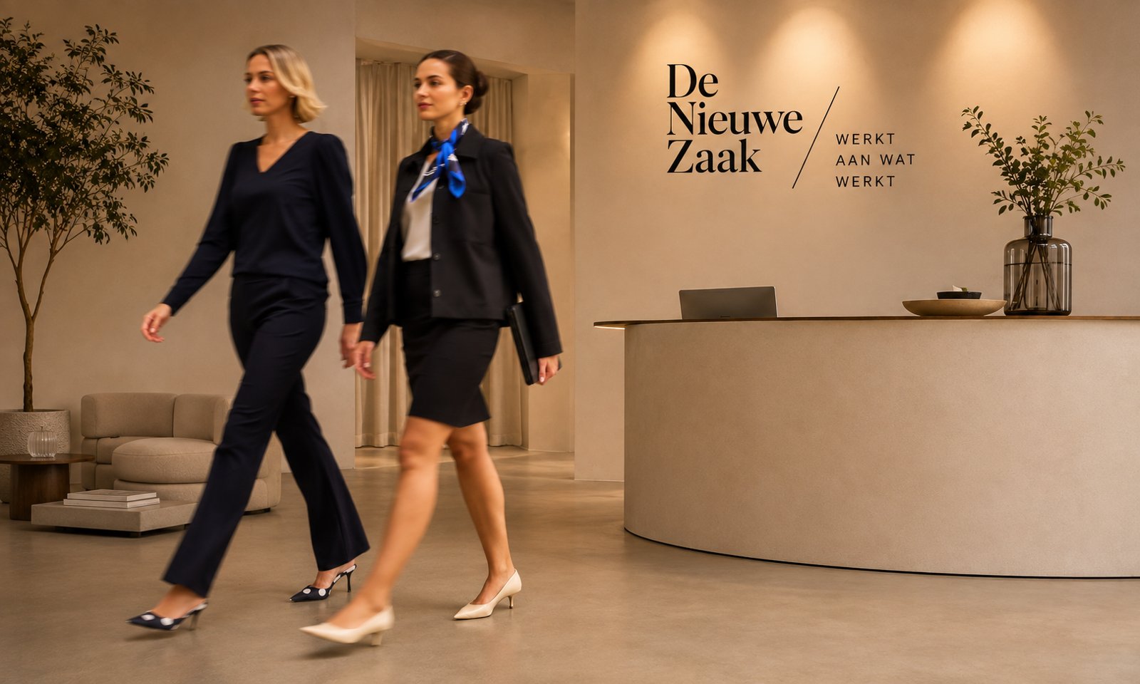 Twee vrouwen in @Work-kleding lopen langs de receptie van De Nieuwe Zaak